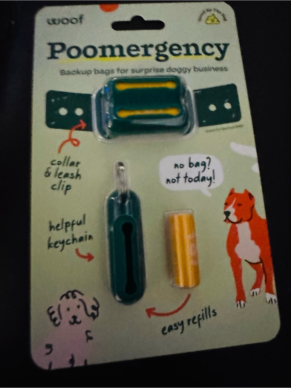 Woof PooMergency Dog waste bags & carriers collar clip & keychain bag holder NEW